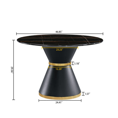 Marble Printed Round Dining Table - Black Columnar Base With Gold Annulus Not Including Chairs - Black