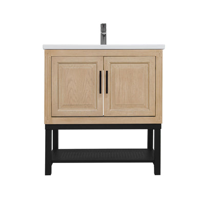 Modern Freestanding Bathroom Vanity With Ceramic Sink, Hot And Cold Faucet, Storage Cabinet & Open Shelf