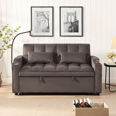 Modern Velvet Loveseat With Pullout Bed, Adjustable Reclining Backrest