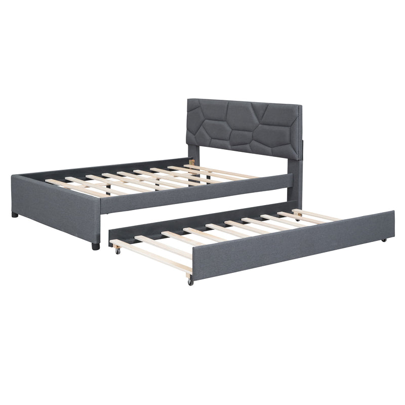 Upholstered Platform Bed With Brick Pattern Headboard And Twin Long Size Trundle