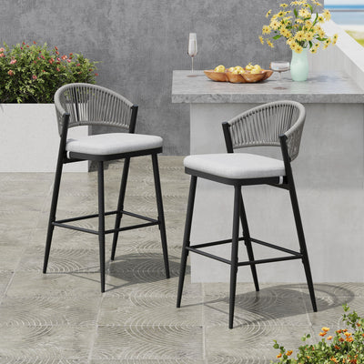 Outdoor Bar Height Metal Frame Counter Stools With Scallop Shaped Backrest & Water Resistant Cushions