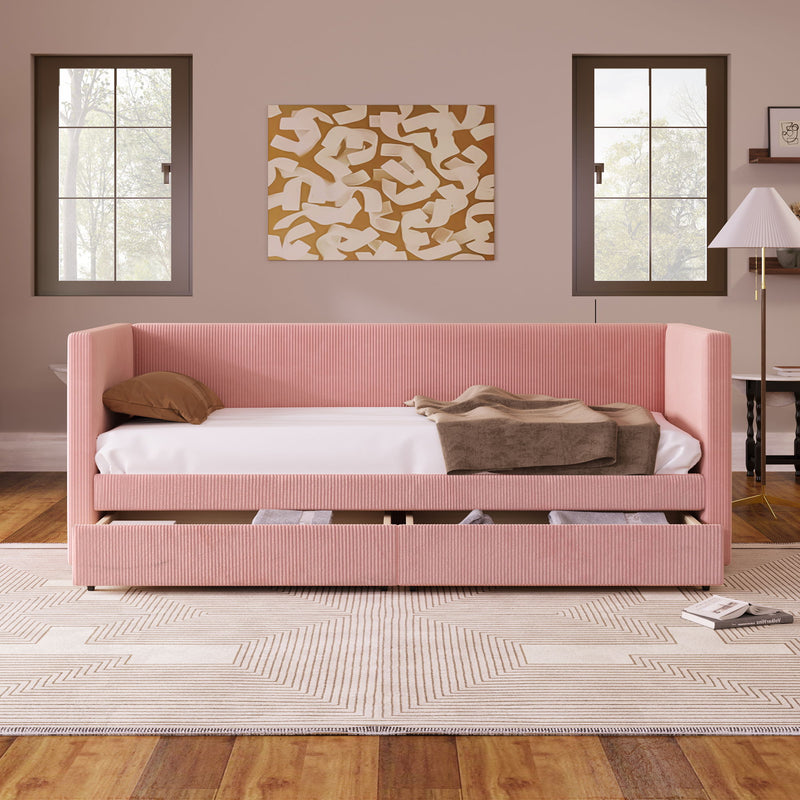 Corduroy Daybed With Two Drawers And Wood Slat