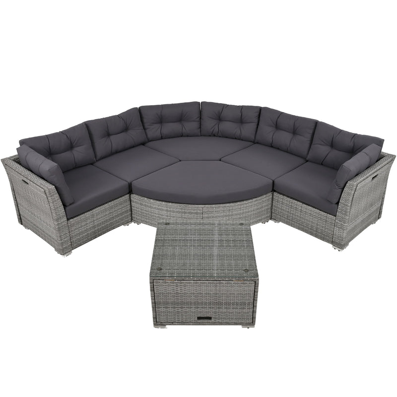 Elegant Patio Furniture Set Outdoor Daybed Rattan Sectional With Cushions And Center Table - Gray