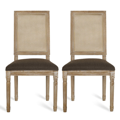 French Country Dining Chair With Rectangular Cane Backrest And Smooth Upholstered Seating