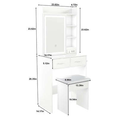 Space Saving Makeup Vanity Desk With Mirror & Adjustable Led Lights, Built-In Power Outlet, Hidden Storage, Includes Stool & Shelf - White
