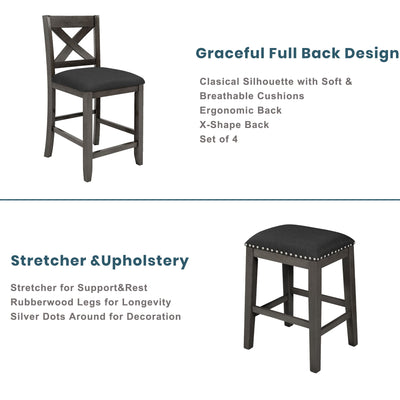 5 Pieces Counter Height Rustic Farmhouse Dining Room Wooden Bar Table Set With 2 Stools And 2 Chairs