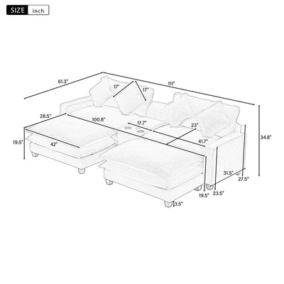 Sectional Sofa Chenille Upholstered Sofa With Two Removable Ottoman, Two USB Ports, Two Cup Holders And Large Storage Box For Living Room