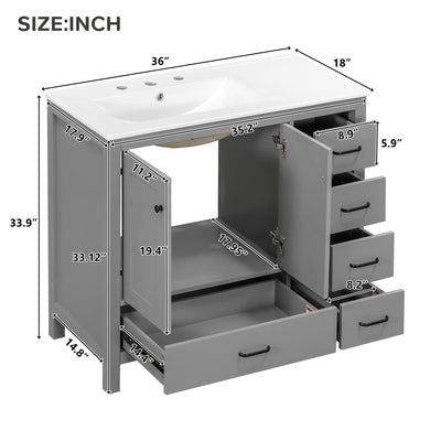 Bathroom Vanity With Ceramic Sink Combo, Abundant Storage Cabinet 2 Soft Close Doors And 5 Drawers
