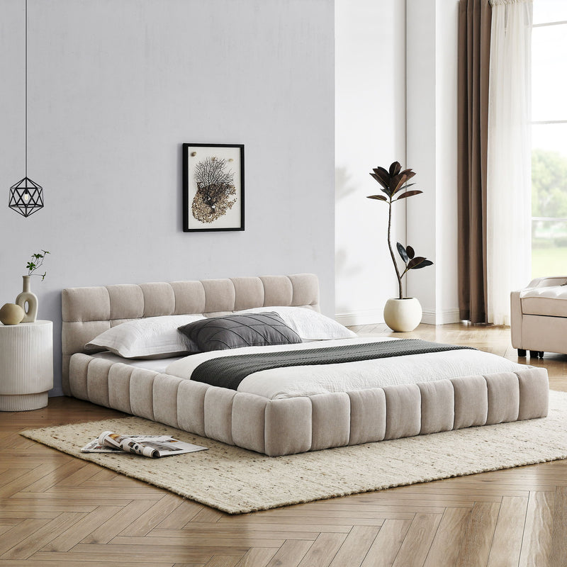 Modern Platform Bed Frame With Thick Chenille Fabric