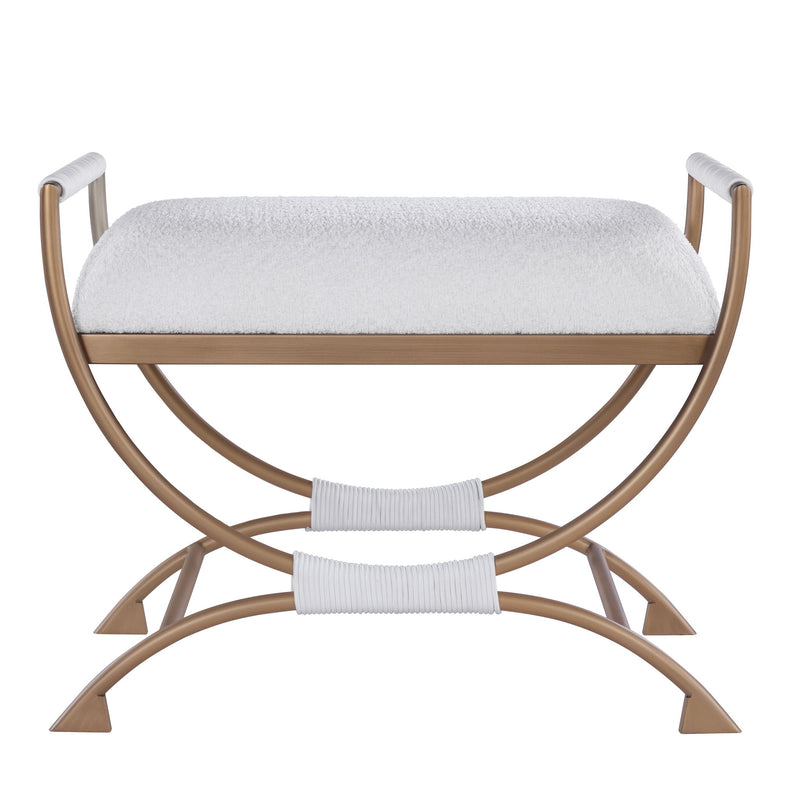 Nora - Bench With Bronze Metal Frame And Boucle Fabric Seat - White