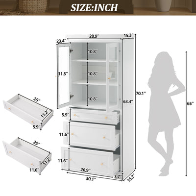 Freestanding Tall Bathroom Cabinet With Adjustable Shelves, Drawers, Soft Close Glass Doors