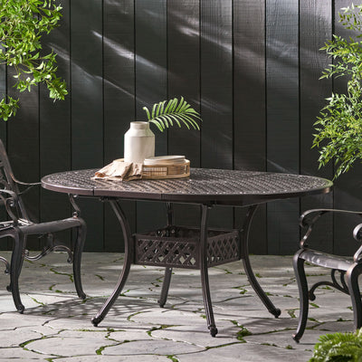 Outdoor Expandable Aluminum Dining Table With Latticework Details And Curvy Legs
