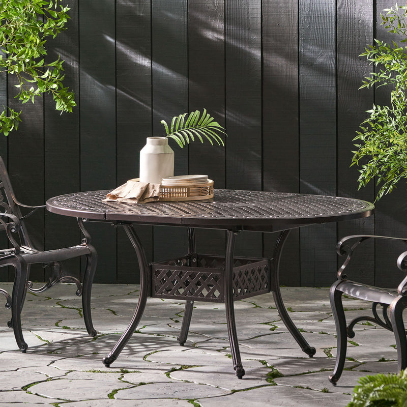 Outdoor Expandable Aluminum Dining Table With Latticework Details And Curvy Legs