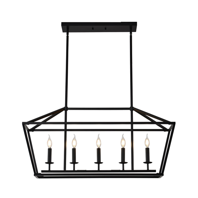 5 Light Farmhouse Kitchen Island Lighting, 5 Light Industrial Linear Chandelier For Dining Room Metal Hanging Pendant Light Fixture For Bedroom Living Room Hallway Conference Room - Matte Black