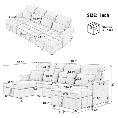 Oversized U-Shaped Versatile Sectional, Pull-Out Sofa Bed With Double Storage Chaise Lounges And 2 USB Ports For Living Room