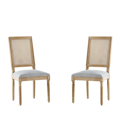 French Country Dining Chair With Rectangular Cane Backrest And Smooth Upholstered Seating