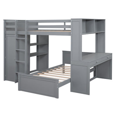 Loft Bed With A Twin Size Standalone Bed, Shelves, Desk, And Wardrobe
