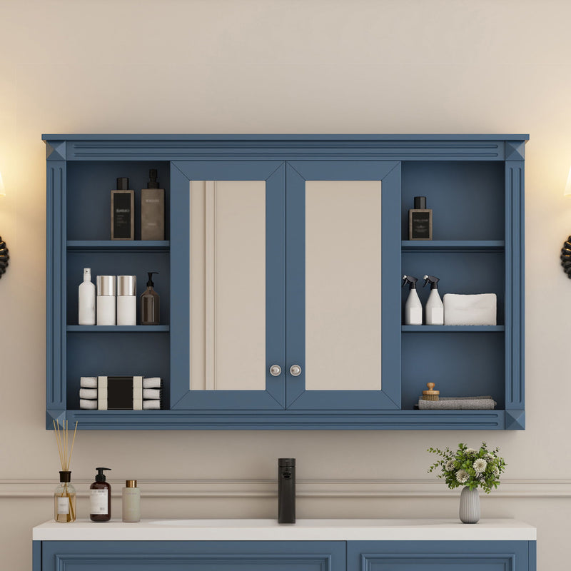 Bathroom Mirror Cabinet With Storage, Adjustable Shelf And Open Shelves, Wall Mounted Medicine Cabinet For Bathroom - Blue