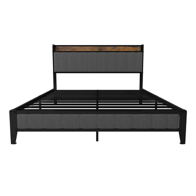 Bed With Charging Station, American Design Upholstered Headboard, Metal Platform