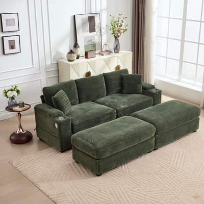 Convertible Sectional Sofa Bed Set With Armrest Storage, Cup Holder, USB, 4 Seater - Green