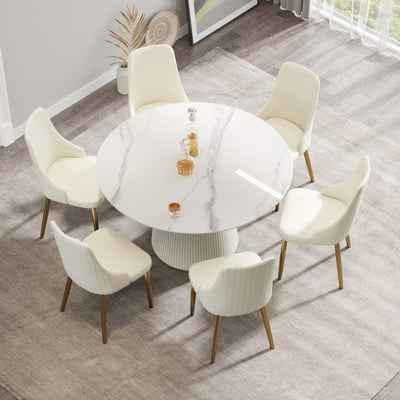 Modern Artificial Stone Round Plywood Base Dining Table, Can Accommodate 6 People, (Not Including Chairs) - White / Beige