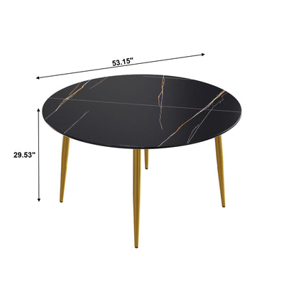 Modern Artificial Stone Round Dining Table With Golden Metal Legs, Can Accommodate 6 People - Black