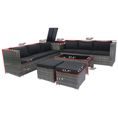 8 Piece Patio Sectional Wicker Rattan Outdoor Furniture Sof Set With One Storage Box Under Seat And Cushion Box - Gray / Black