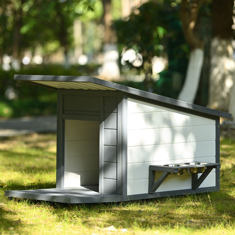 Modern Design Outdoor Dog House With Food Bowl And Wheels Pine - Gray / White