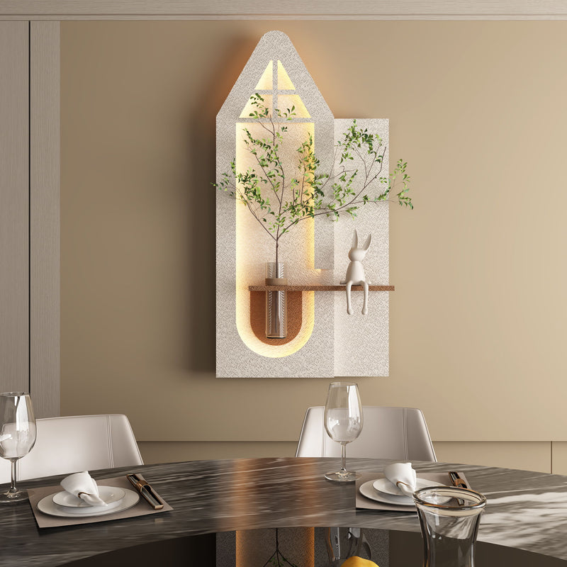 Adjustable 3 Color LED Sandstone Wall Decor With Simulated Plants, Glass Vase & Rabbit Statue - Light Coffee