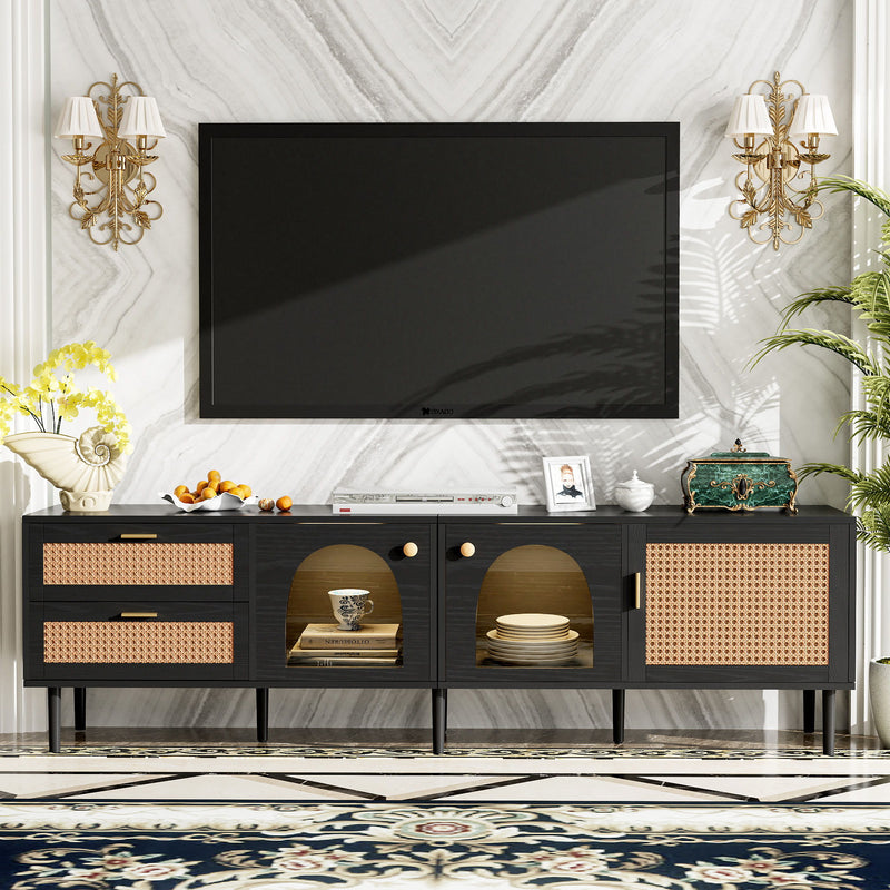 Rattan TV Stand With 3 Cabinets & 2 Drawers, Rattan-Inspired Media Console Table For Tvs Up To 80&