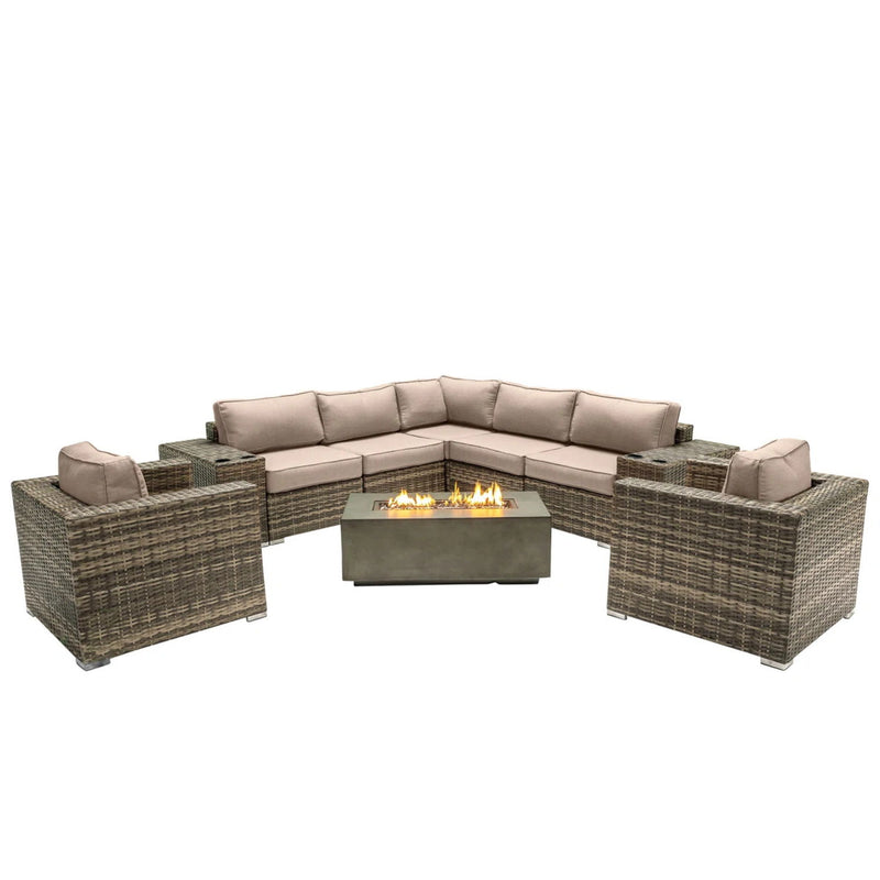 Rattan Wicker Patio Set With Cushions And Concrete Fire Pit