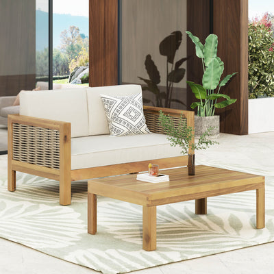 Outdoor Patio Set With Coffee Table And Loveseat - Teak / Beige