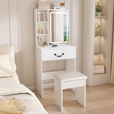 Modern Mini Dressing Table With Led-Lit Mirror & Hidden Storage, Adjustable Brightness Vanity Desk - White