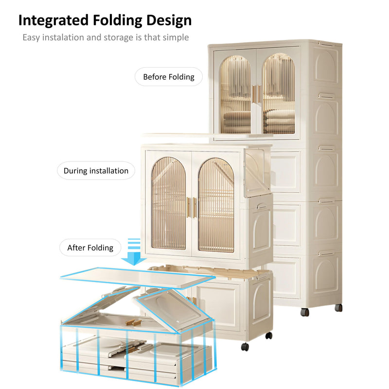 Folding Wardrobe Cabinet With Magnetic Doors, Wheels And Hangers