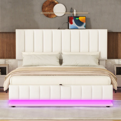 Upholstered Bed With Hydraulic Storage System And LED Light, With Sockets And USB Ports