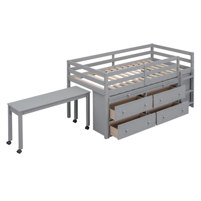 Loft Bed With Retractable Writing Desk And 4 Drawers, With Lateral Portable Desk And Shelves