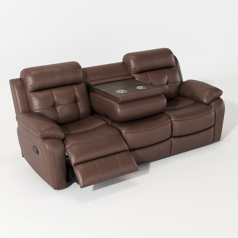Genuine Leather Non Power Reclining Sofa With Drop Down Table, Stainless Steel Cupholders And Magazine Bag