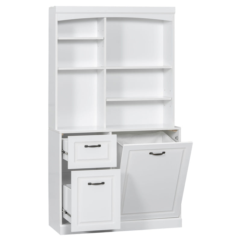 Bathroom Storage Cabinet With Tilt Out Hamper, Tall Free Standing Organizer With Drawers & Adjustable Shelves, Linen Tower With Steel Handles - White