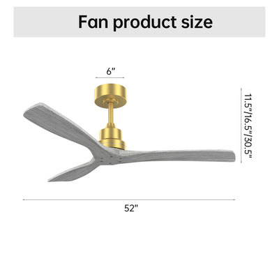 Indoor Ceiling Fan Without Light 3 Solid Wood Blades Remote Control Reversible Dc Motor - Gold