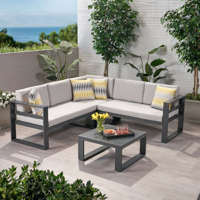 Dursley - Outdoor Aluminum V Shape Sofa Sectional - Beige / Gray