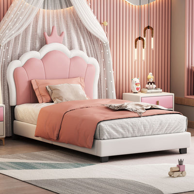 Twin Size Upholstered Princess Bed & Crown Headboard, Platform Bed With Headboard And Footboard - White / Pink