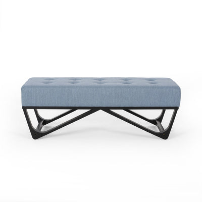 Upholstered Ottoman With Button Tufted Waffle Stitch And Black Geometric Legs - Light Blue