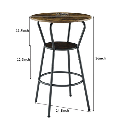 Rustic Brown Round Bar Table And Stool Set With Shelf, Upholstered Stool With Backrest - Antique Brown