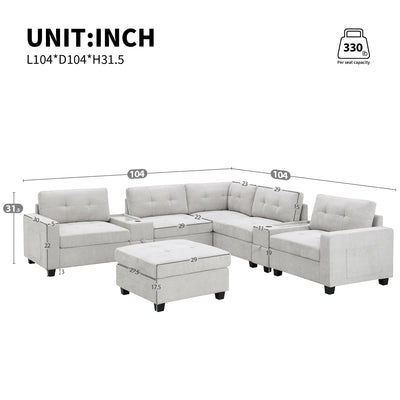 Sectional With Acrylic Table Top U Shaped Couch Set With 2 Consoles USB Charger, Storage Drawers And Pockets Movable Ottoman Tufted Sofa