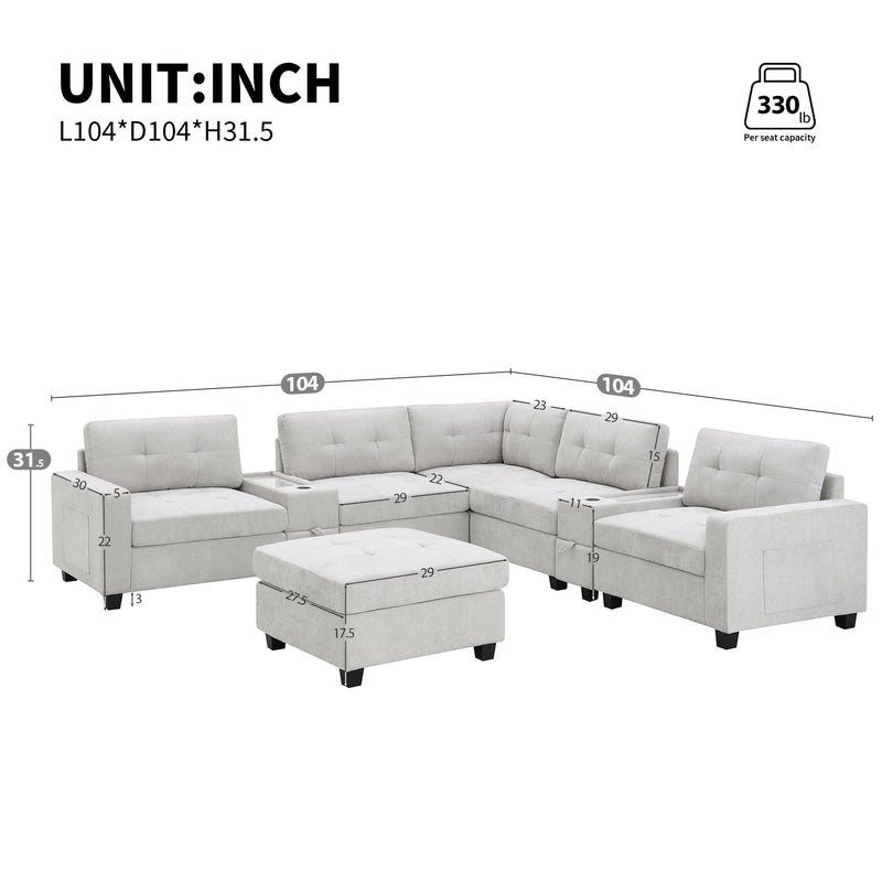Sectional With Acrylic Table Top U Shaped Couch Set With 2 Consoles USB Charger, Storage Drawers And Pockets Movable Ottoman Tufted Sofa
