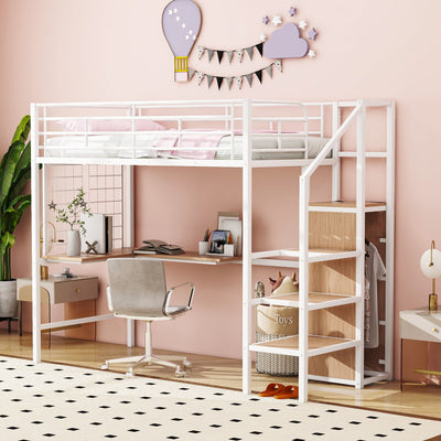 Loft Bed With Desk And Grid, Stylish Frame With Lateral Storage Ladder And Wardrobe