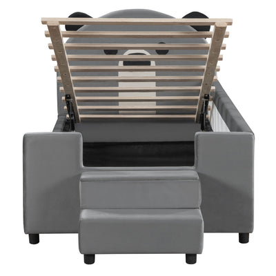 Upholstered Daybed With Bear Shaped Headboard, Hydraulic System And Breathable Mesh Fence