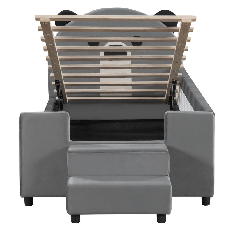 Upholstered Daybed With Bear Shaped Headboard, Hydraulic System And Breathable Mesh Fence