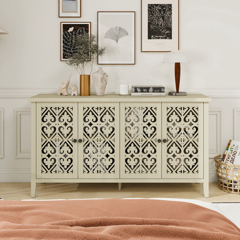 Hollowed Out Cabinet With 4 Doors, American Furniture, Suitable For Bedroom, Living Room, Study - Natural