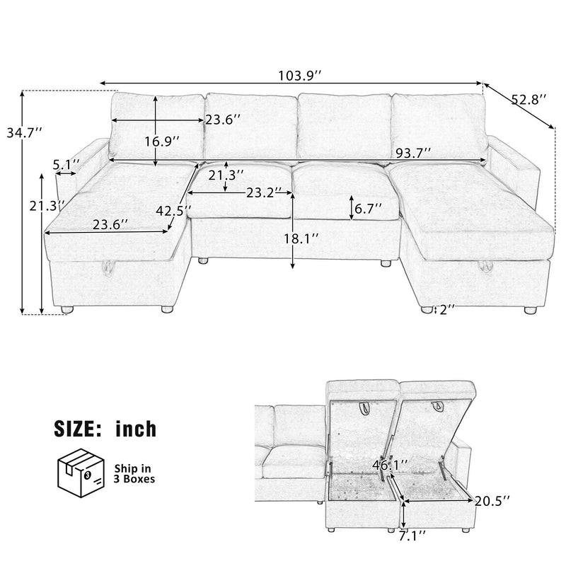 Convertible Sectional Sofa With Storage Chaise Lounges And USB Ports